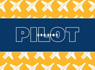 Navy rectangle with the words "PILOT SERIES" within it. The navy rectangle sits on top of a yellow rectangle with a pattern of beer bottles that look like airplanes.