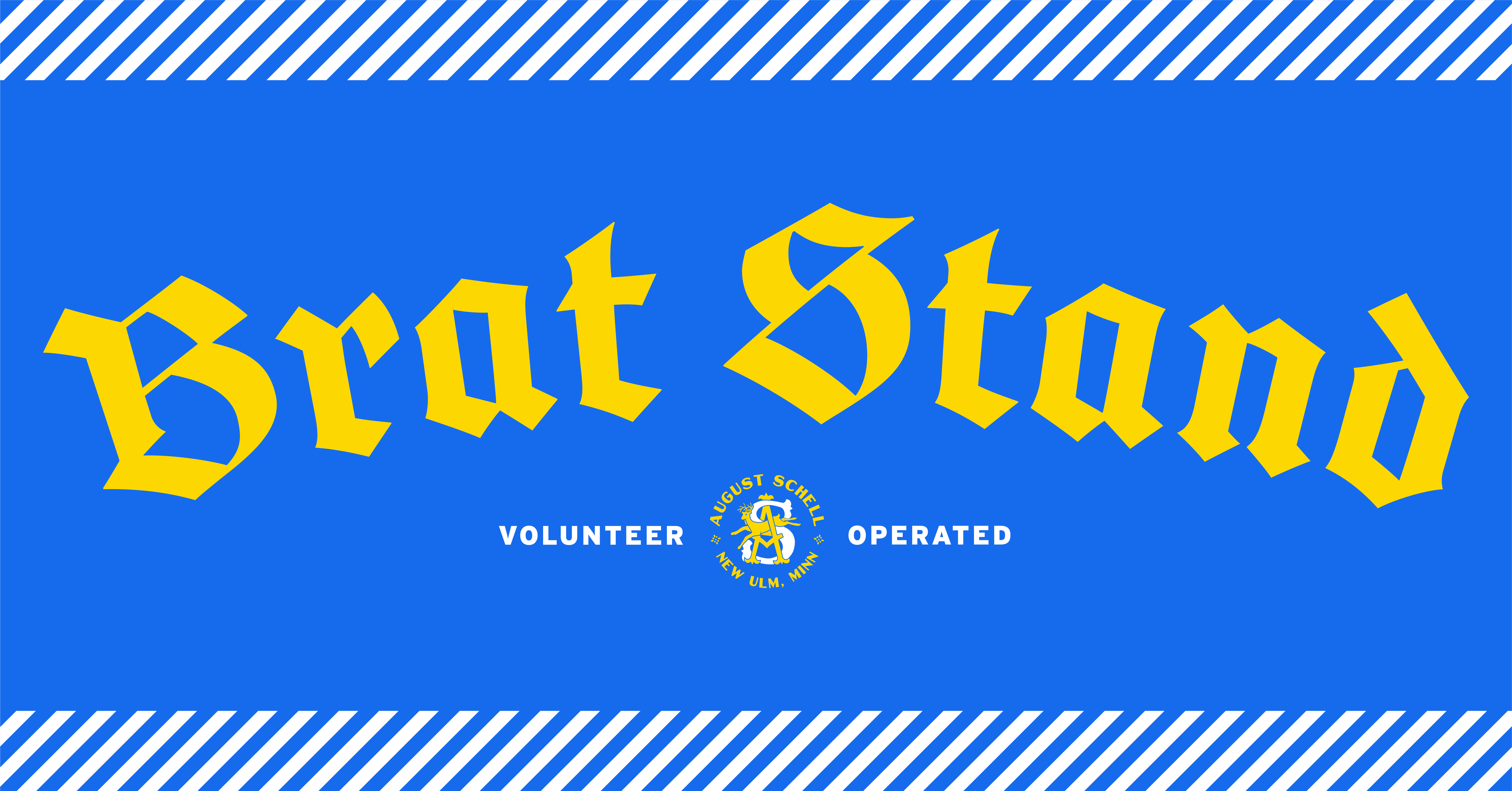 Blue rectangle with yellow text "BRAT STAND"