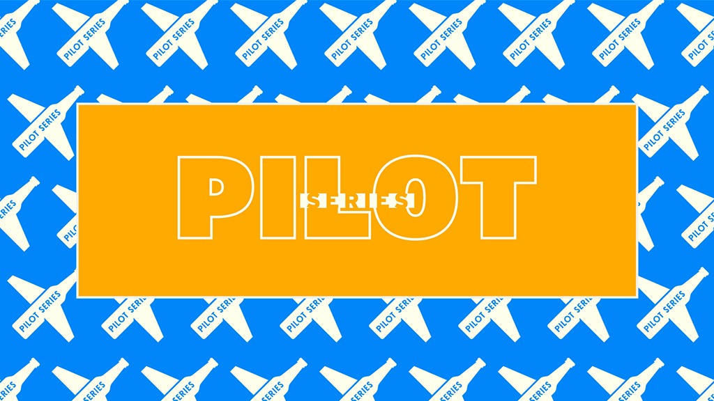 Orange rectangle that has text "PILOT SERIES" centered on it. The orange rectangle sits on top of a larger blue rectangle with a pattern of white beer bottles that have airplane wings on them and text "PILOT SERIES"