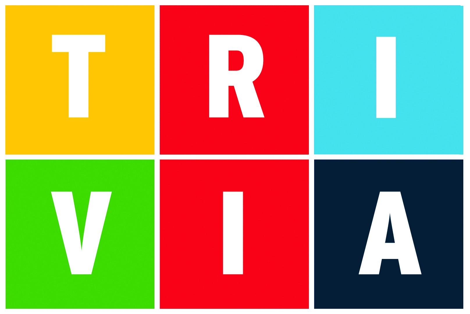 Six large squares with two rows of three. Each square has a letter on it to spell out TRIVIA.