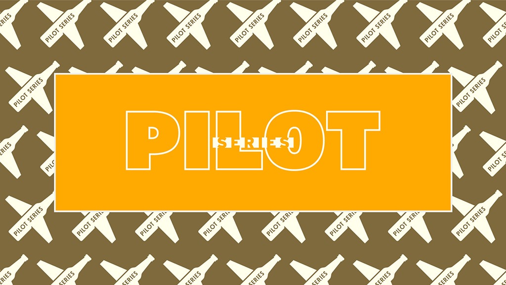 Orange rectangle with "PILOT SERIES" text centered. Bigger brown rectangle behind the orange one with a pattern of beer bottles that look like airplanes.