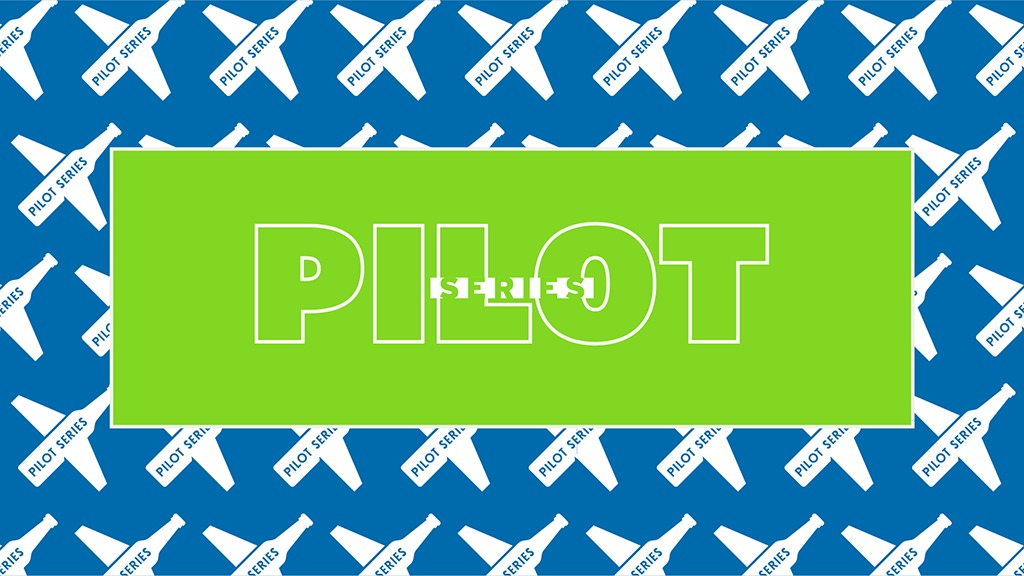 Green rectangle with text "PILOT SERIES." Bigger blue rectangle behind the green rectangle that has a repeated pattern of beer bottles that look like airplanes.