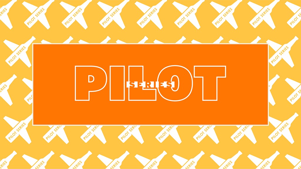 Orange rectangle with "PILOT SERIES" text. Larger yellow rectangle behind the orange rectangle with repeating pattern of beer bottles that look like airplanes.